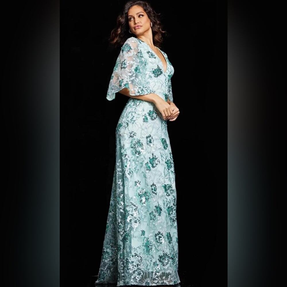 Jovani 26923 Mid Sleeves Embroidered Floral Gown - Mint - 2 - New with tags
